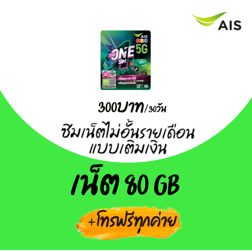 (ซิมใช้สมัครเน็ตเท่านั้น) ซิมเติมเงินเอไอเอส AIS โปรเน็ตรวม 80GB (เน็ต5G 20GB+เน็ต15Mbps 60GB) ไม่อั้นรายเดือน จำกัด1ซิม