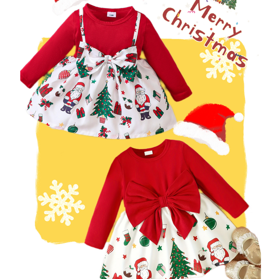 ชุดเดรสกระโปรงเด็กผู้หญิง แขนยาว กระโปรง+โบว์ ชุดคริสต์มาสเด็ก เนื้อผ้าอย่างดี (3เดือน-2ปี)  Xm
