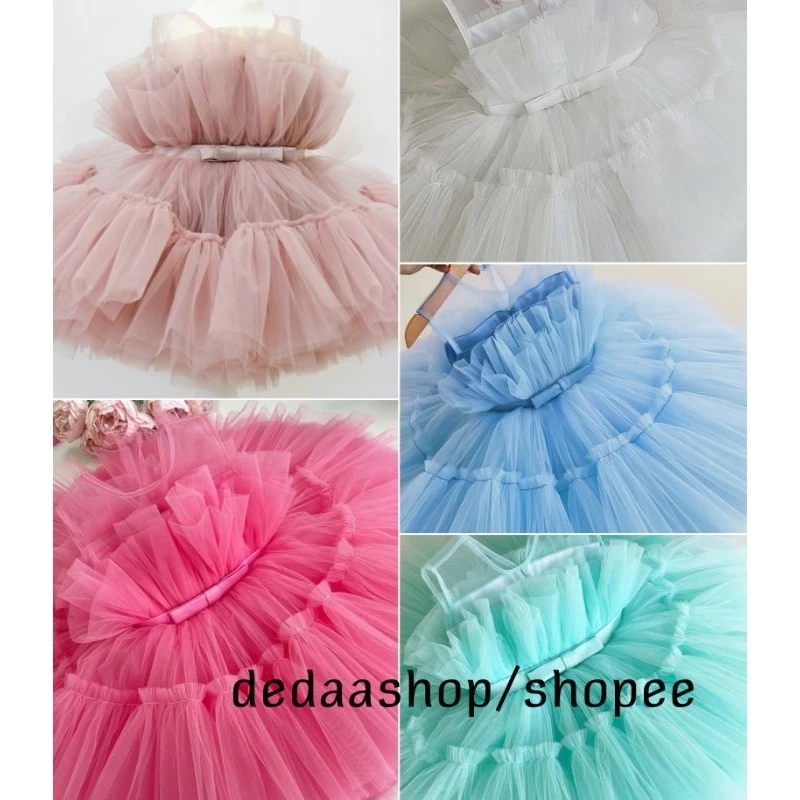 ชุดเดรสออกงานเด็กหญิง เดรสกระโปรงฟู ชุดเด็ก สีชมพู ขาว ฟ้า เขียวมิ้น