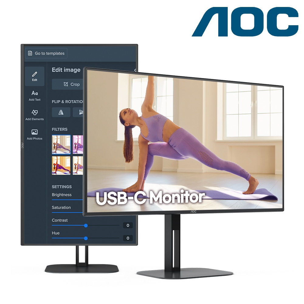 AOC U27V5C/BK 27" 4K UHD IPS Monitor USB-C 65W, Dual Speaker, Pivot, Vesa Mount, 10 bit Color, PIP, PBP - 3 yrs warranty