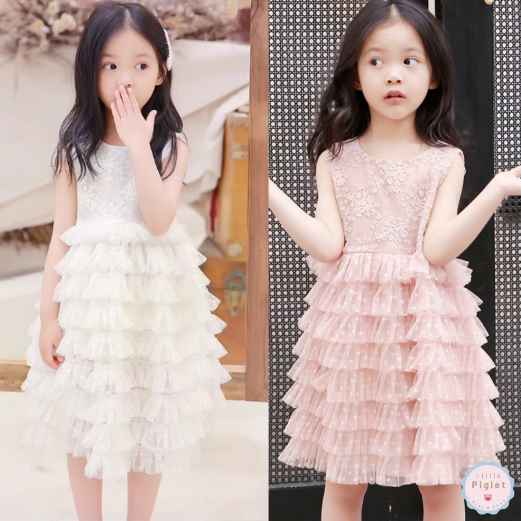 Little Piglet 🐷 พร้อมส่ง ชุดเดรส Dress ชุดกระโปรง ฟรุ้งฟริ้ง ระบายชั้นๆ แขนกุด ลูกไม้ เด็กผู้หญิง
