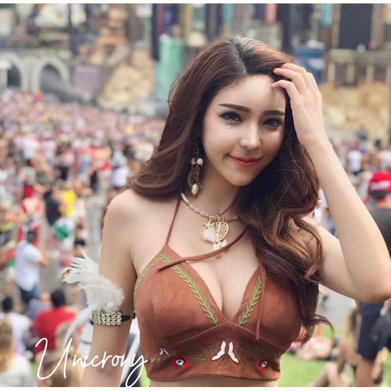Unicrony พร้อมส่ง บราถักหนังกลับ สไตล์โบฮีเมียน มีฟองน้ำ สายผูกหลังผูกคอ