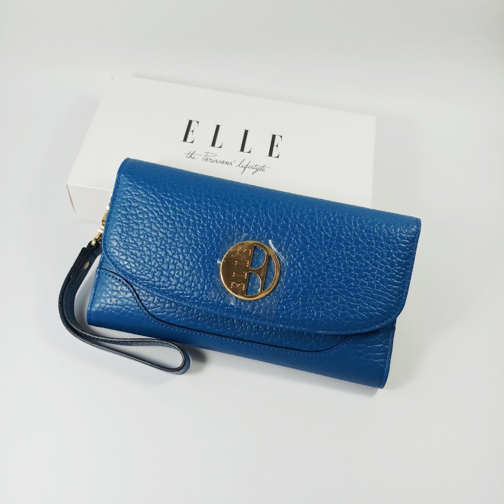 ELLE กระเป๋าสตางค์ผู้หญิงใบยาว สามพับ สีน้ำเงินอมฟ้า หนังลาย โลโก้สีทอง มีสายคล้องมือ ของใหม่ ของแท้100% - รูปที่ 6