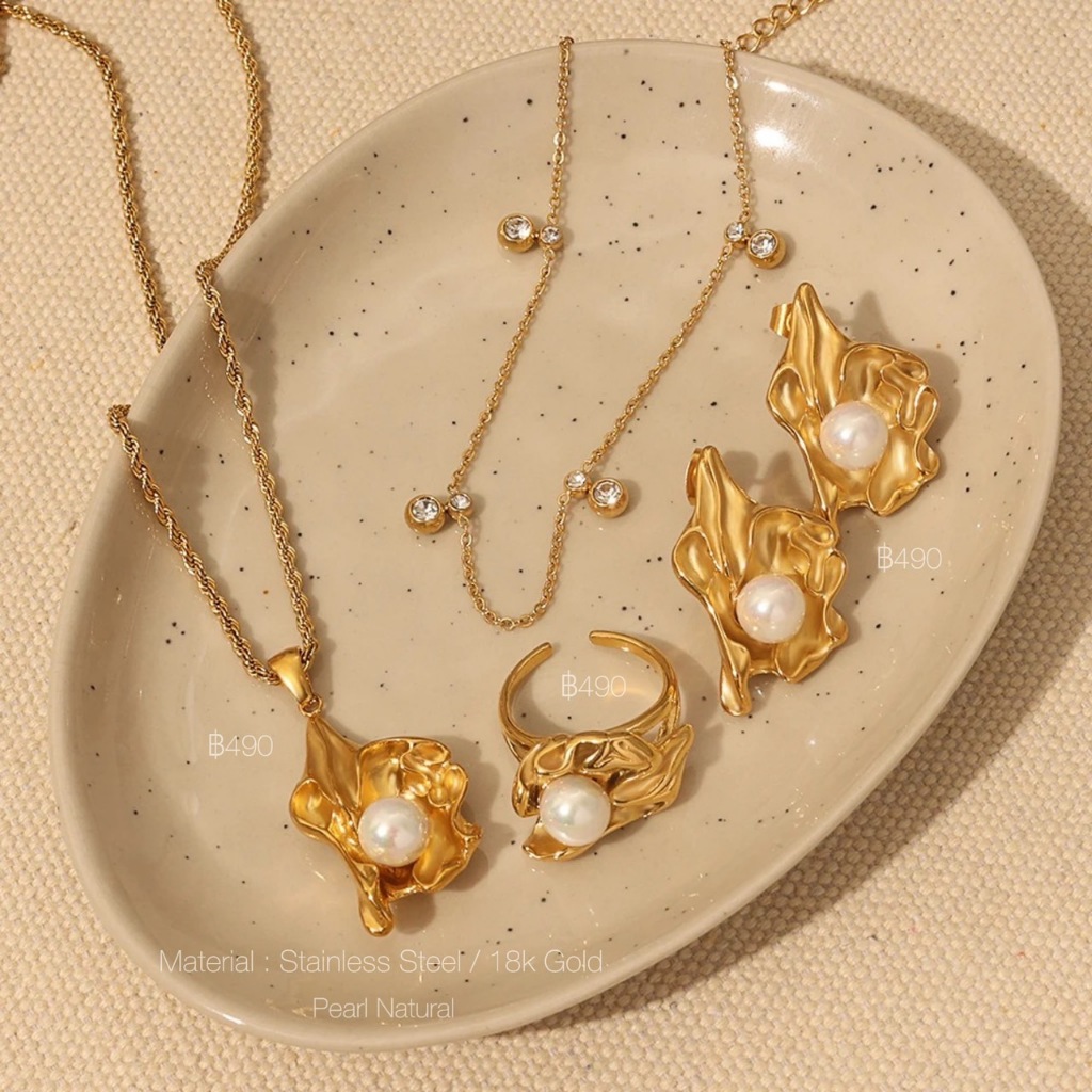 R001,N004,E012/Pearl Gold Plated 18k สร้อย ต่างหู แหวนสแตนเลส ชุบทอง 18k มุกธรรมชาติ