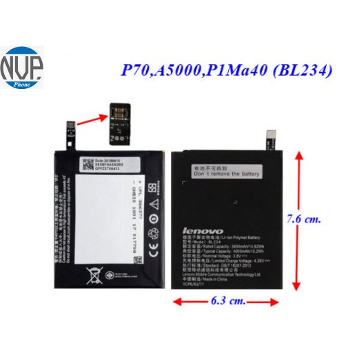 แบตเตอรี่ Lenovo P70,A5000,P1Ma40 (BL234)     6.3x7.6 cm. 4000 mAh.