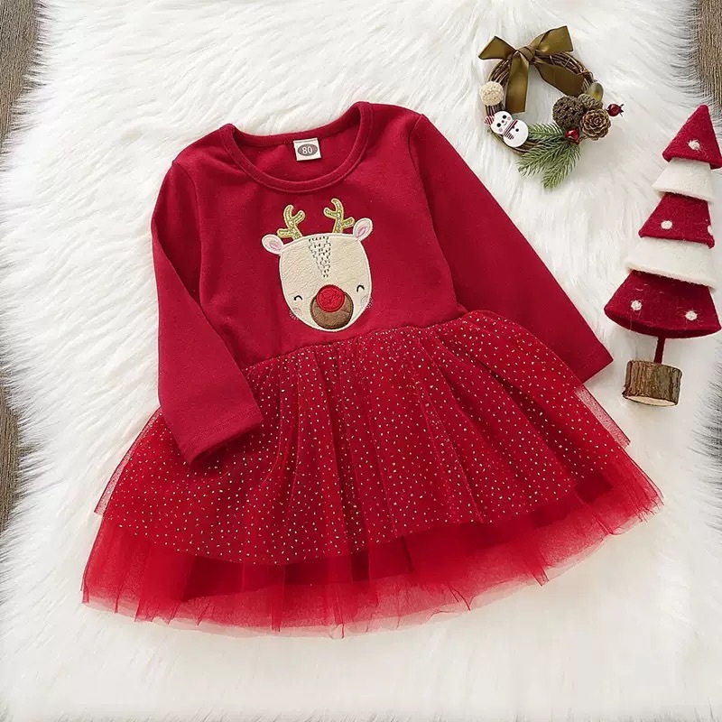เดรสกระโปรงเด็ก ชุดคริสต์มาสเด็กผู้หญิง แขนยาว น่ารัก เนื้อผ้าดี size8m-6บี QQ54