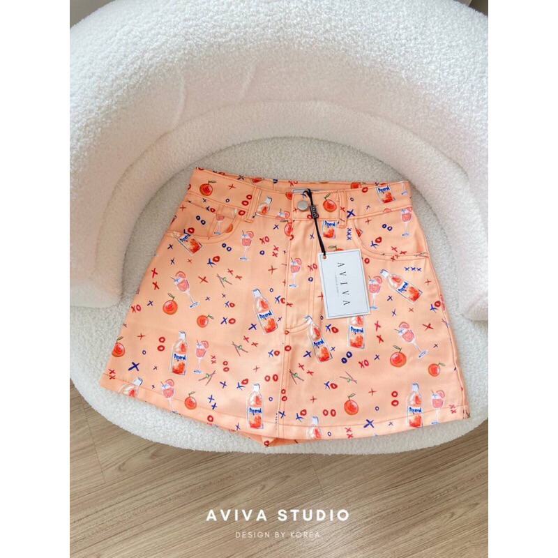 Aviva studio กางเกงกระโปรงยีนส์สีส้มลายส้มน่ารักไซส์M