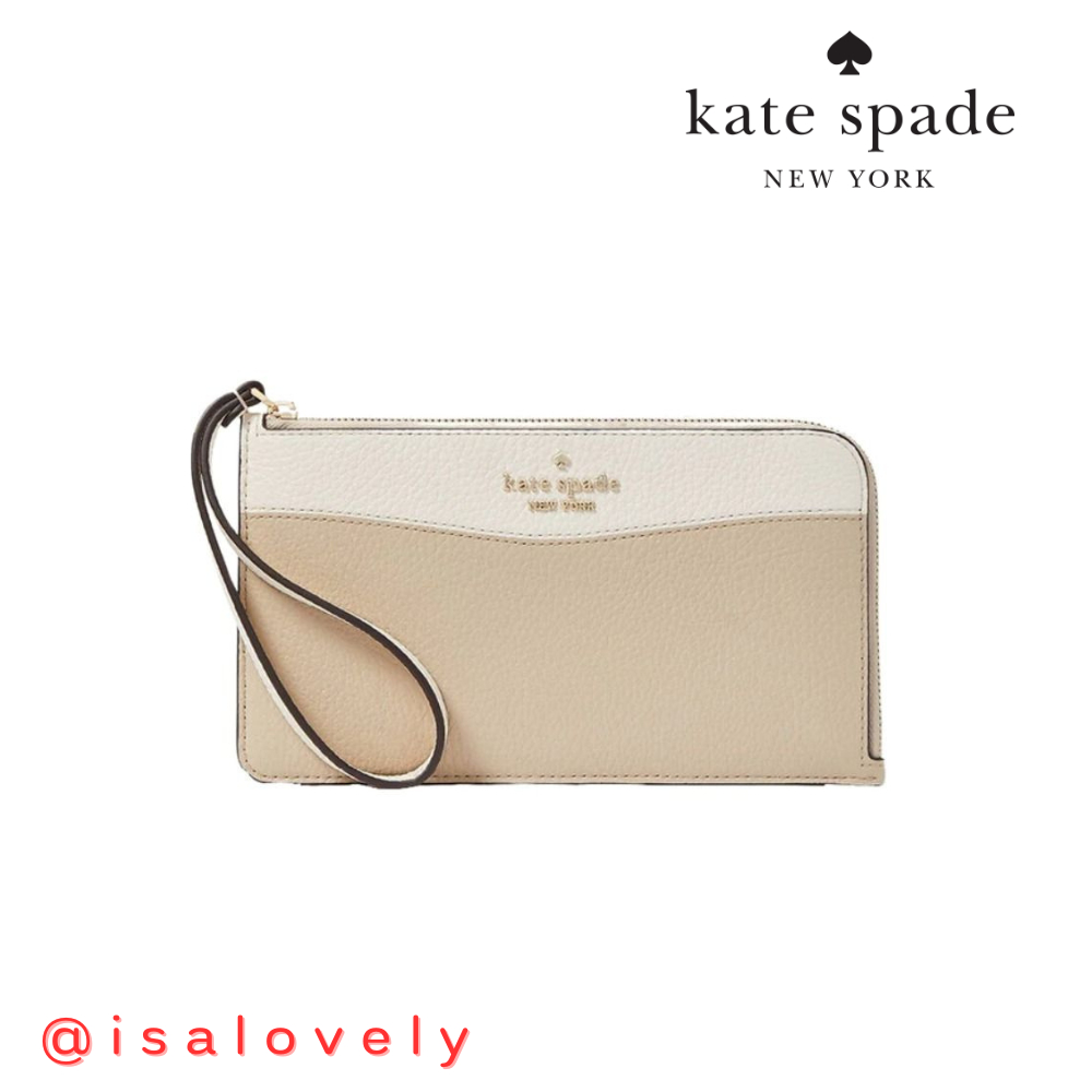 📌Isa Lovely Shop📌  Kate Spade Lucy Colorblock Pebbled Leather Medium L-zip Wristlet สี Light Sand KE575 Light Sand