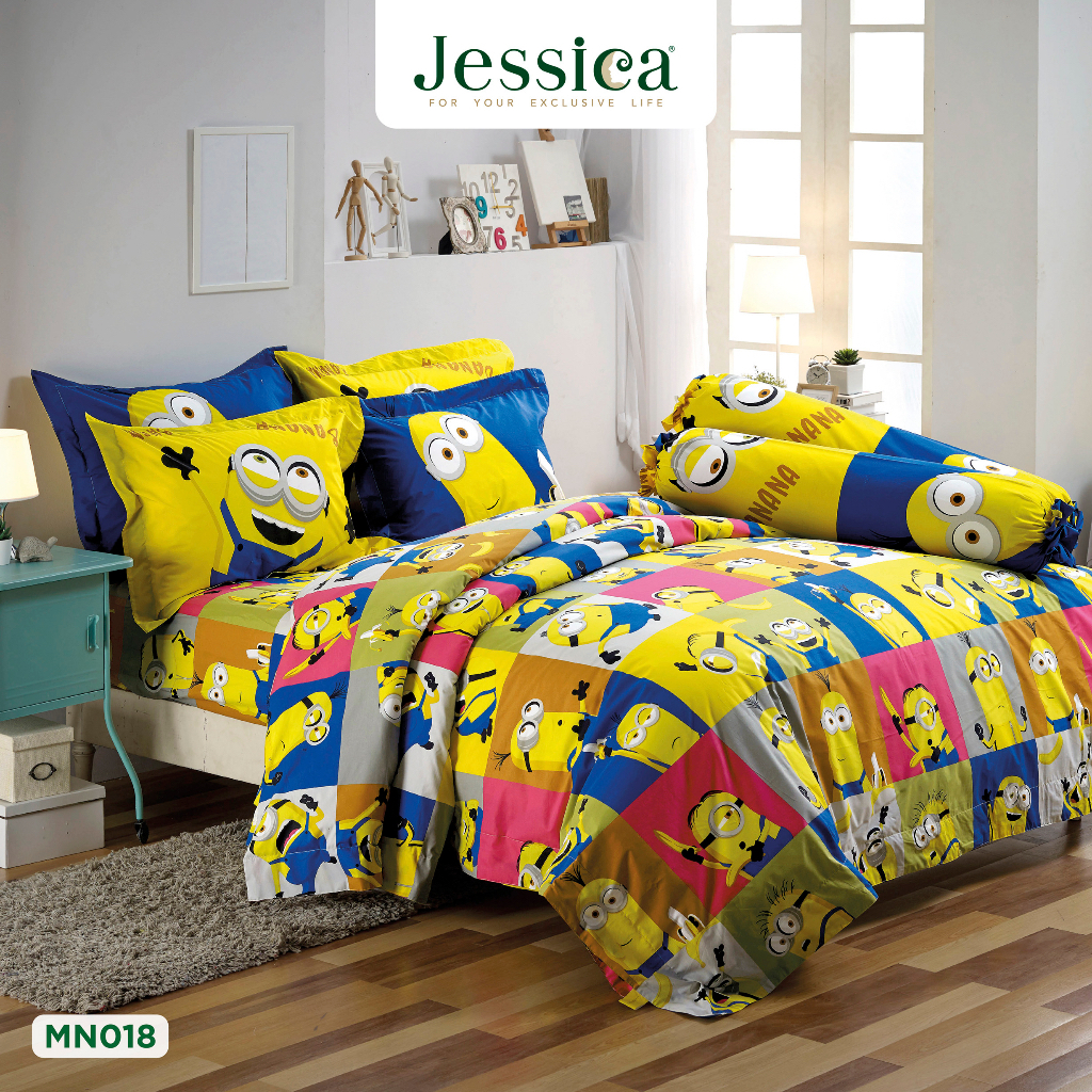 (ผ้าปูที่นอน) Jessica Cotton mix ลายการ์ตูนลิขสิทธิ์มินเนียน MN018 ชุดเครื่องนอน ผ้าห่มนวมครบเซ็ต ผ้าปูที่นอน เจสสิก้า