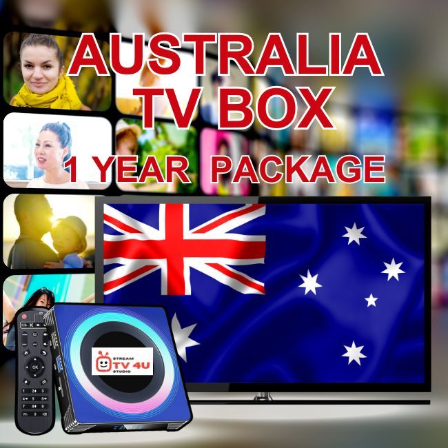 Australia TV box + 1 Year IPTV package, TV online through our awesome TV box. And ready to use, clear picture 4K FHD.