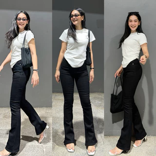 ยีนส์ WANWI Code.W19 กางเกงยีนส์ขาม้าเล็กเอวสูงผ้ายืดสีดำสนิท