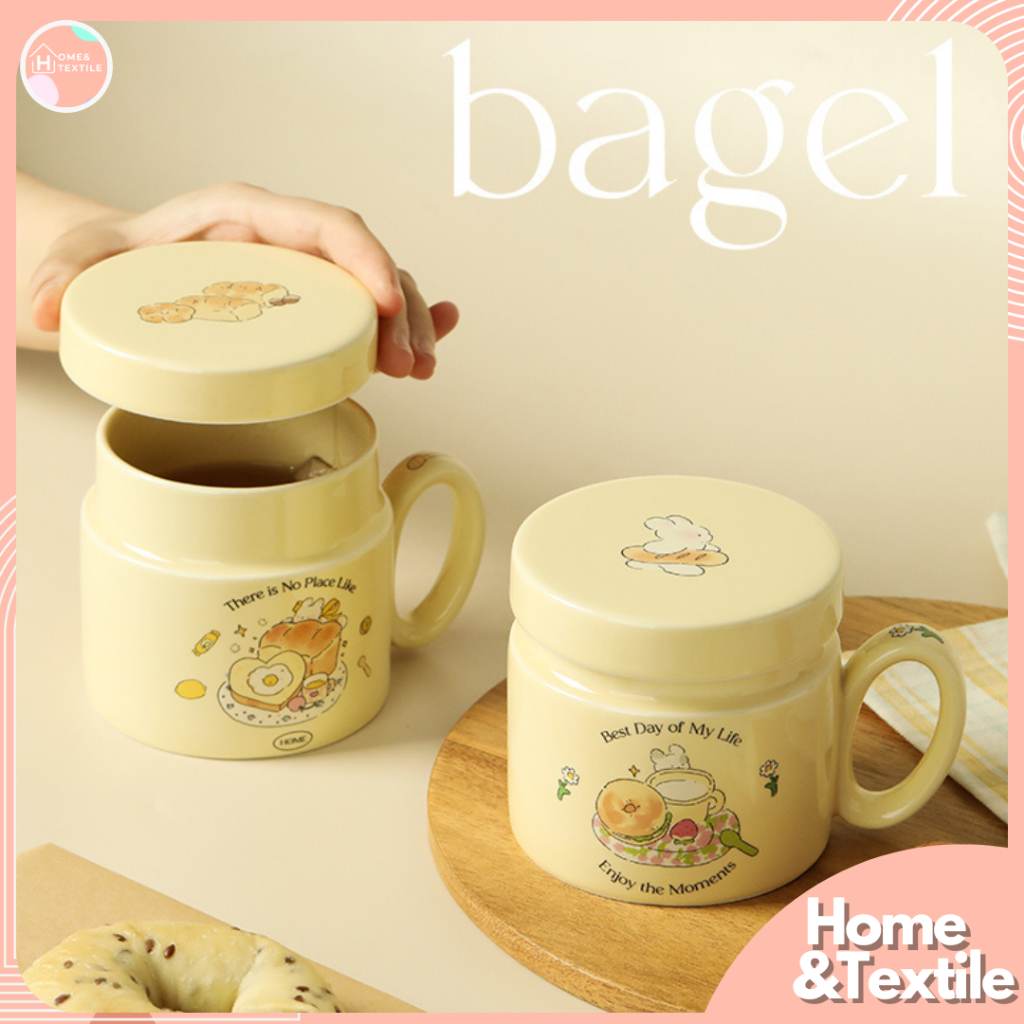 แก้วมัคเซรามิค แก้วกาแฟพร้อมฝาปิด Momo rabbit แต่งลายขนมปังฝรั่งเศส สไตล์ญี่ปุ่น