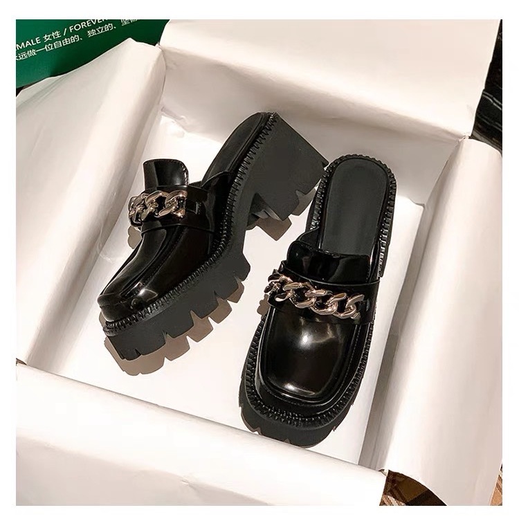 พร้อมส่งจากไทย TX524 เป่าโถวครึ่งหนึ่ง รองเท้าส้นเตารีด สูง6cm รองเท้าแตะผู้หญิงสวมใส่ด้านนอกแฟชั่น
