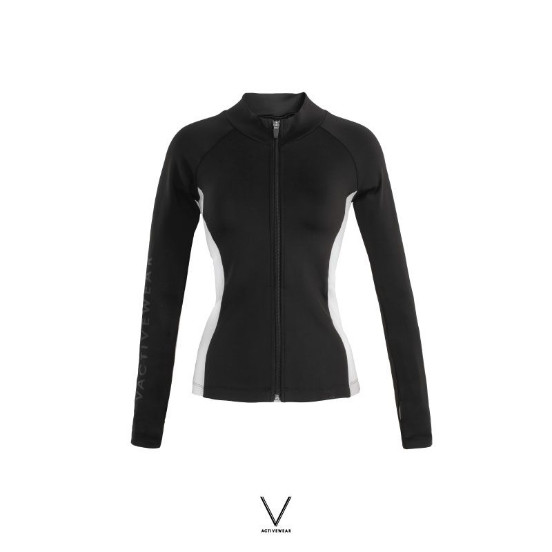 SS2024 BLACK WITH WHITE SIDE UV JACKET เสื้อแขนยาว สีดำแถบขาว ใส่ว่ายน้ำ มีฟองน้ำในตัวผ้าหนา กัน UV UPF 50+ – โปรปัง