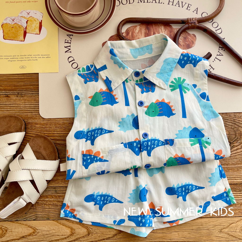 NT Baby - 023 (สินค้าพร้อมส่ง)🦖DinoPlay เซ็ตเสื้อ-กางเกงฟ้าขาว ลายไดโนเสาร์สดใส 🌴🦕