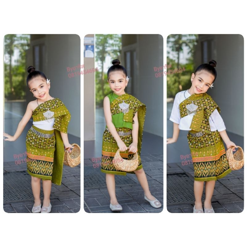 ชุดไทยเด็กหญิง ชุดคำแก้วสีเขียวลายขอ ชุดเด็กภาคอิสาน ชุดเซิ้งสีเขียว