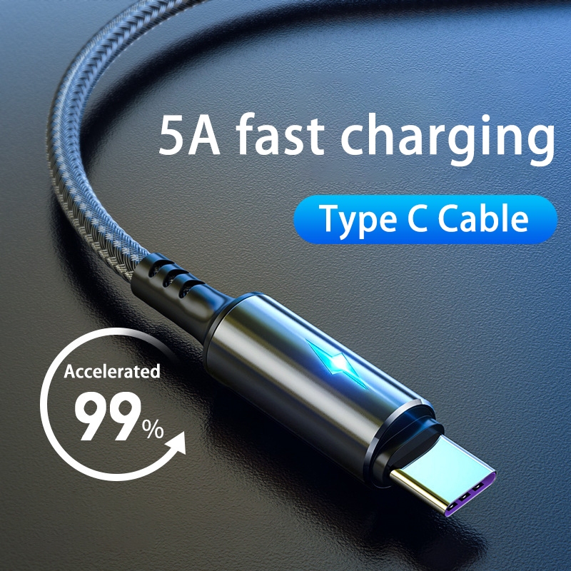สายชาร์จ USB Type C แบบไนล่อนถัก 5A สายชาร์จพร้อมไฟ LED สายเคเบิลข้อมูลสมาร์ทโฟน สายชาร์จเร็ว พร้อมส่ง