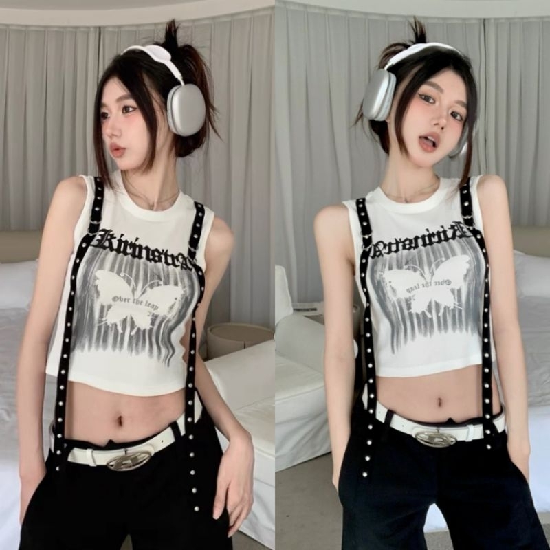 Ey_official#735 AD.E#ใหม่พร้อมส่งเสื้อครอปแขนกุดแต่งสายสีดำแฟชั่น หาคู่แมทร์ง่าย มี4สี