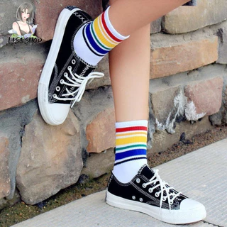 ถุงเท้าแฟชั่น ข้อกลาง คาดแถบสีรุ้ง ถุงเท้าวินเทจสายรุ้ง 🌈 Rainbow socks พร้อมส่ง S24