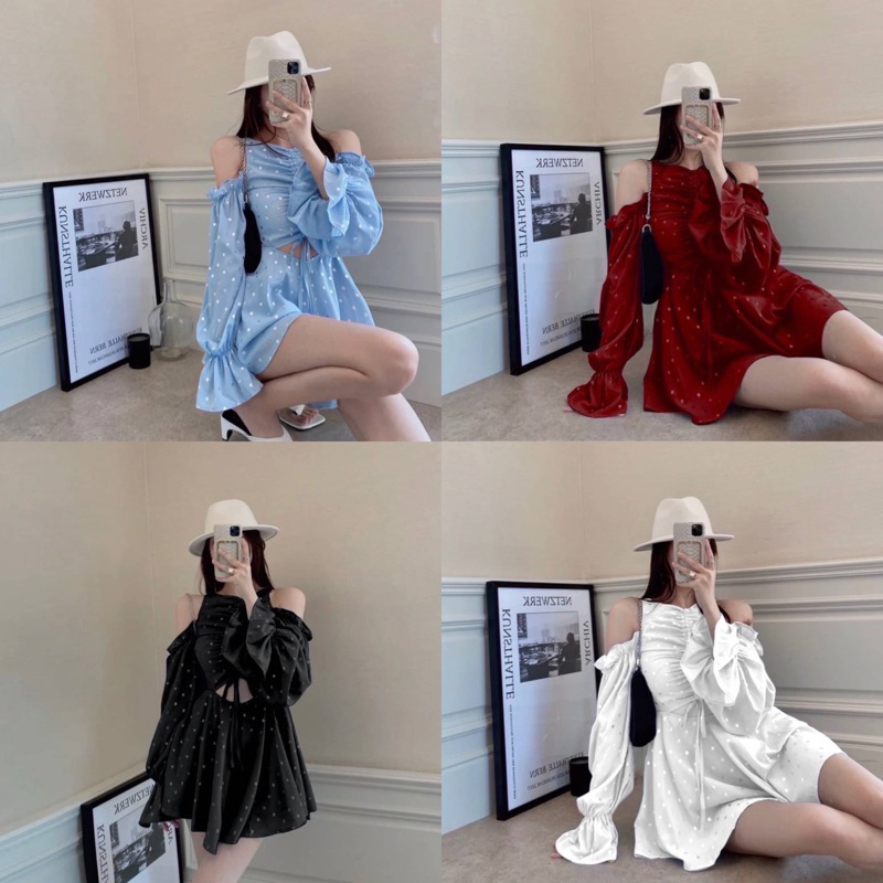Teera พร้อมส่ง สินค้านำเข้า เดรสสั้นปรับรูดกลางอก ซิปหลังงานมีซับในทั้งตัวกระโปรงทรงบานพริ้ว เปิดแขนปลายแขนยางยืด
