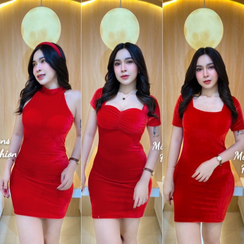 เดรสกำมะหยี่คอเหลี่ยมเสริมฟองน้ำ เข้าเพิ่ม