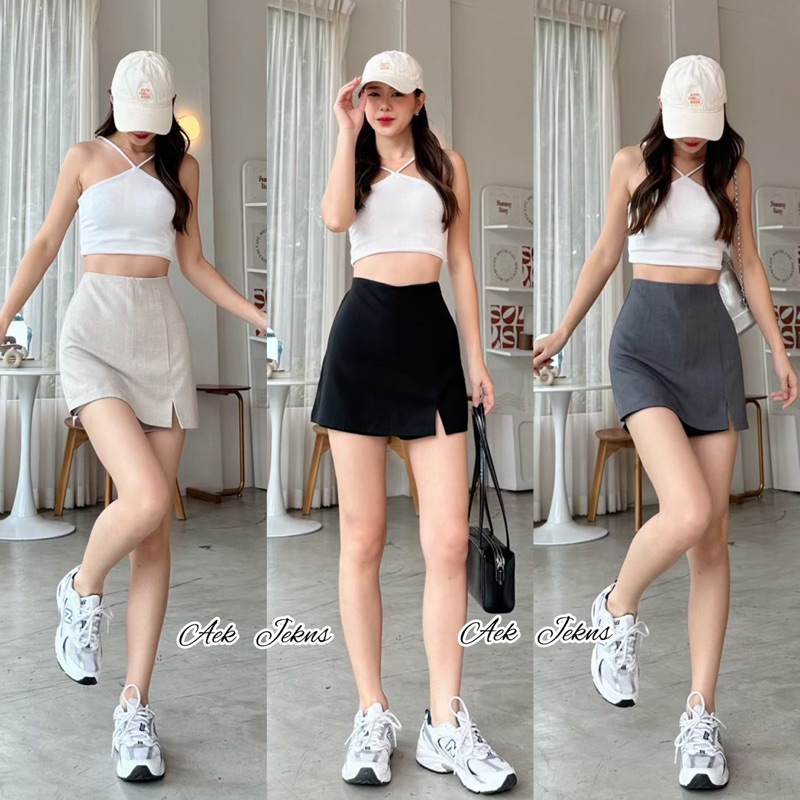 💫สุดปัง🦋กระโปรงกางเกงเอวสูงดีเทล💥ซิปข้างผ้าโควี่ทรงสวยเรียบหรูใส่สบาย✨✨