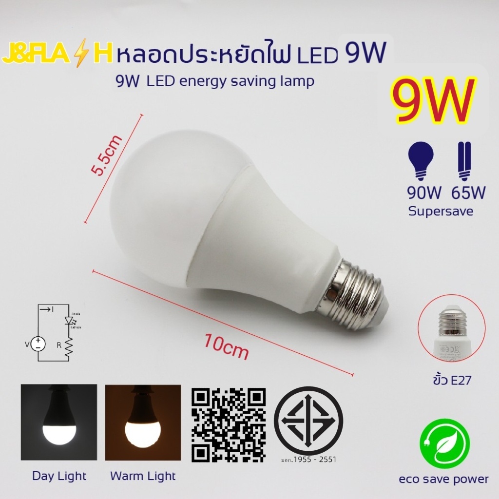 หลอดไฟ J&Flashหลอดไฟ LED ขั้วเกลียวหลอด E27 ประหยัดพลังงาน แสงสีขาว/เหลือง กำลังไฟ 9w 12w  15w 18w