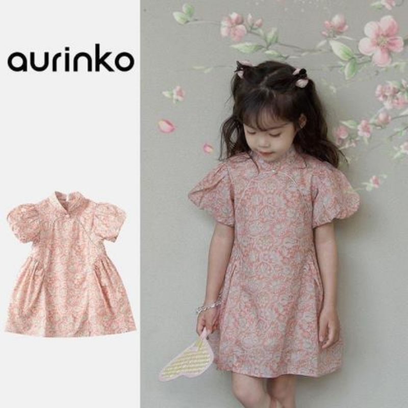 [Y D]305 พร้อมส่ง ชุดเดรสกี่เพ้า แขนพัฟ แฟชั่น สไตล์จีนสำหรับเด็กผู้หญิง