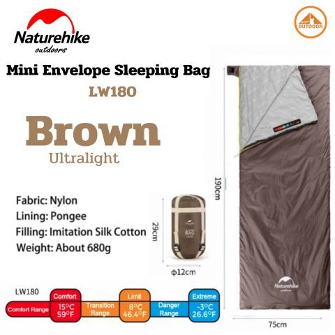 Naturehike Mini Envelope Sleeping Bag LW180 #Brown ถุงนอนเดินป่าแคมป์ปิ้งคุณภาพดีกันหนาว 15 องศา