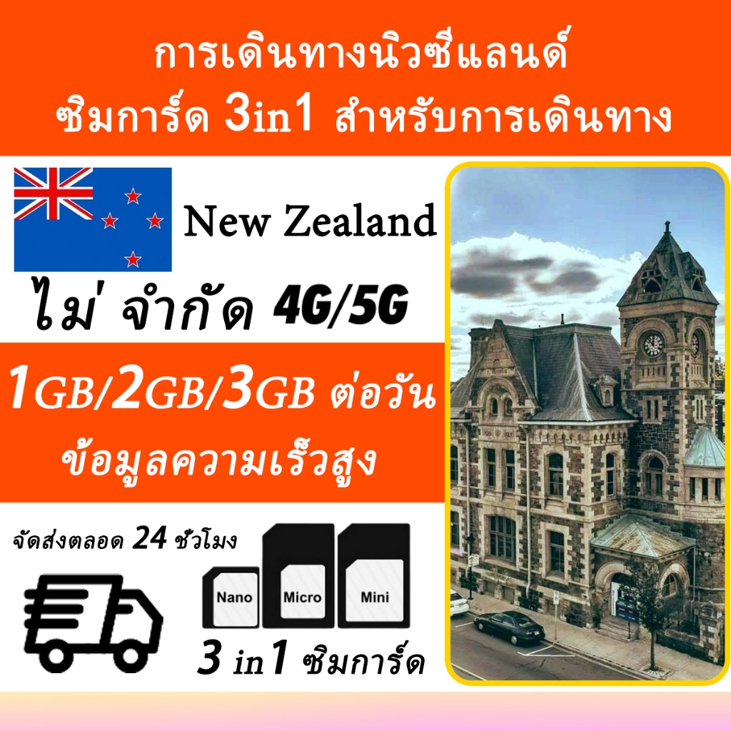 New ZealandSIM นิวซีแลนด์ซิม ซิมเน็ตไม่จำกัด เน็ต 4G เต็มสปีดวันละ 1GB/2GB เลือกได้ 3~15 วันนิวซีแลนด์ซิม