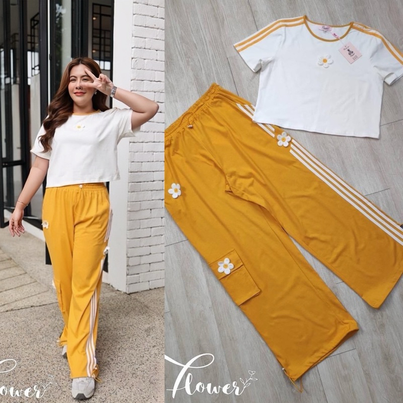 ชุดเซ็ต ชุดวอร์ม สีเหลือง💛 XL-3XL ผ้าดี ยืดได้เยอะมากค่า 🌼 งานป้ายบน ราคาถูก เซ็ตขายาว ดอก3D งานปักแ