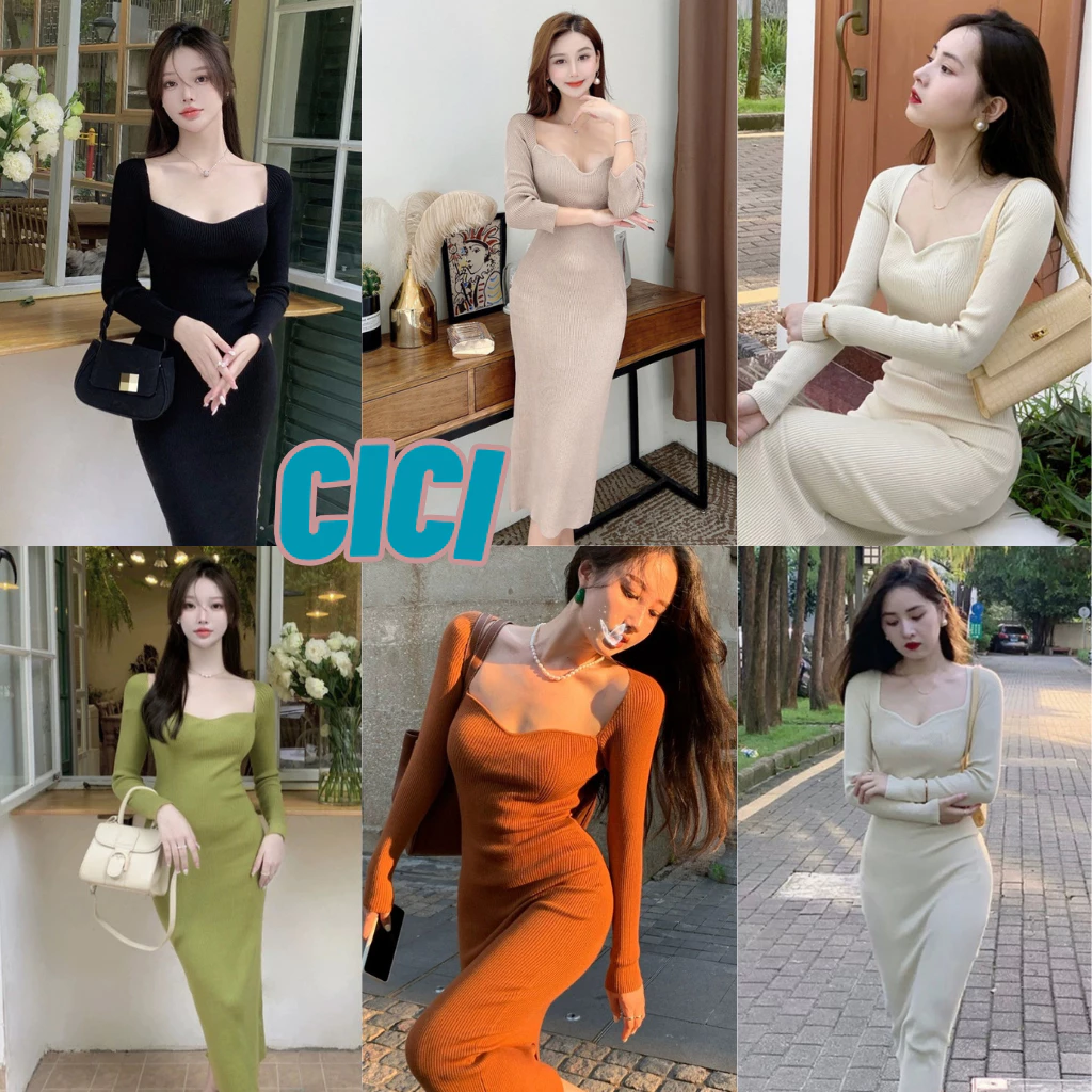 ส่งทันที Cici(NO. B6199)เดรสแขนยาวคอเหลี่ยม ผ้าไหมพรม ใส่แล้วเข้ารูปมากก สไตล์ฝรั่งเศส สําหรับผู้หญิง 2024