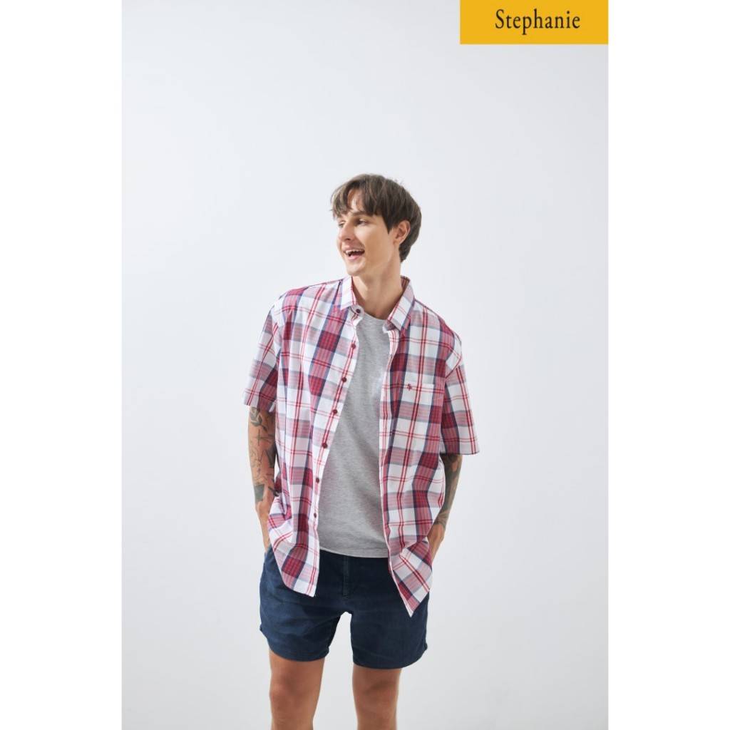 Stephanie เสื้อมีปก แขนสั้น เสื้อเชิ้ตสีแดงขาวลายสก็อต (ชาย) (OZ1ZDE) — صورة 4