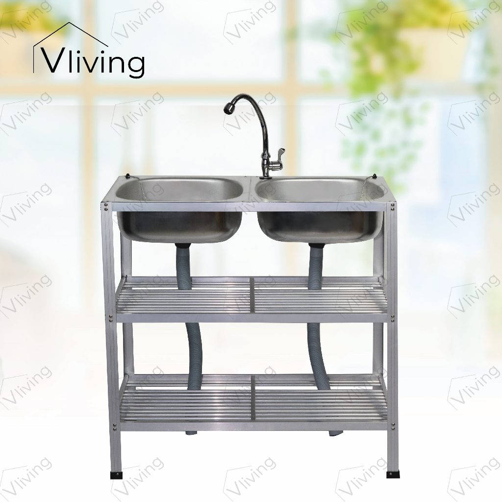 Vliving ซิ้งค์ล้างจาน อ่างล้างจานอลูมิเนียม 2หลุม 3ชั้น เจาะรูมีก๊อก#78