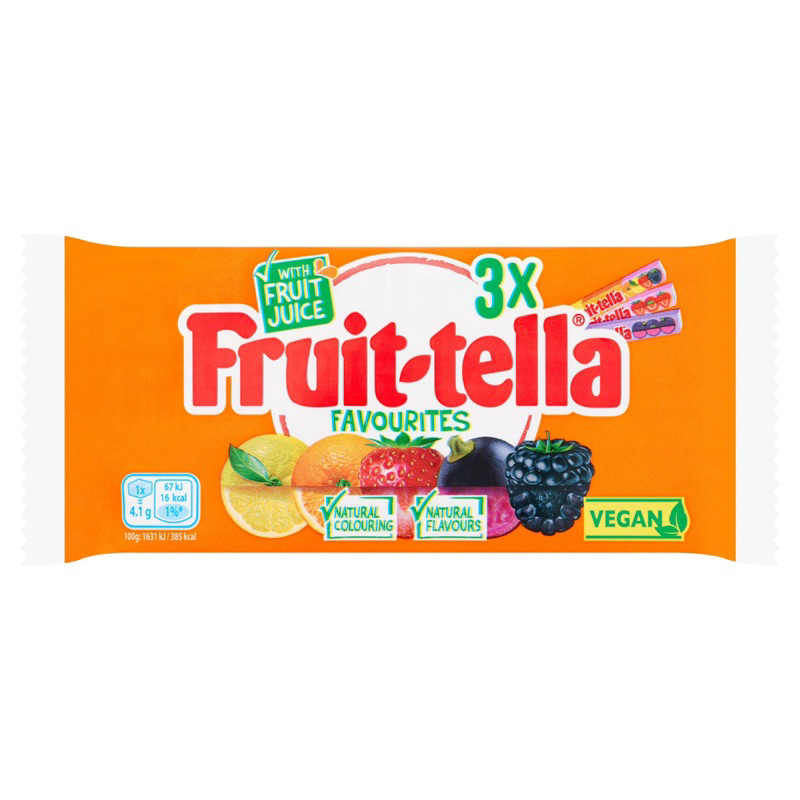 Fruit-tella 3x with fruit juice vegan ขนมนำเข้า ฟรุ๊ทเทลล่า กัมมี่ผลไม้ วีแกน ทำจากน้ำผลไม้
