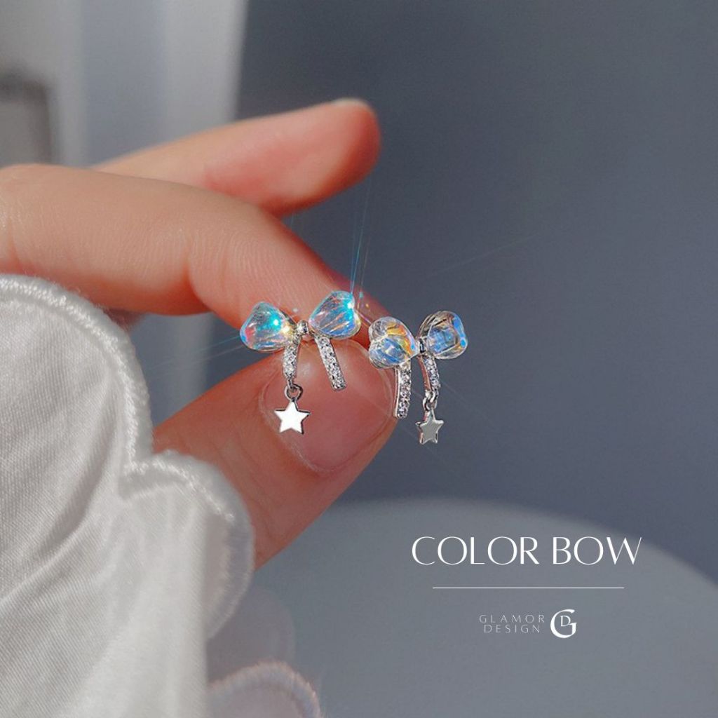 GLAMOR✨ต่างหูเงิน Color Bow ต่างหูเซต ต่างหูดาว ตุ้มหูโบว์ ดีไซน์สวยๆ ต่างหูแฟชั่น ของขวัญให้แฟน