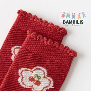 Bambilis : ⚡พร้อมส่ง⚡ ถุงเท้าเด็ก ถุงเท้าเด็กกันลื่น 1 แพคมี 5 คู่ ลายดอกไม้สีแดง
