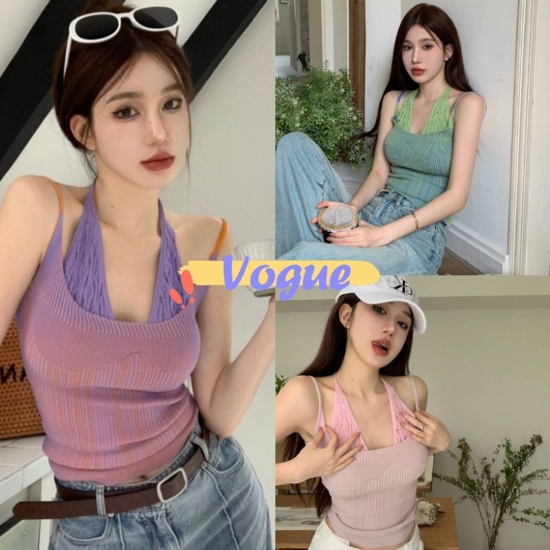 Vogue พร้อมส่ง เสื้อสายเดี่ยวไหมพรม ดีเทลเพิ่มสายคล้องคอ สีน่ารัก (M5338)