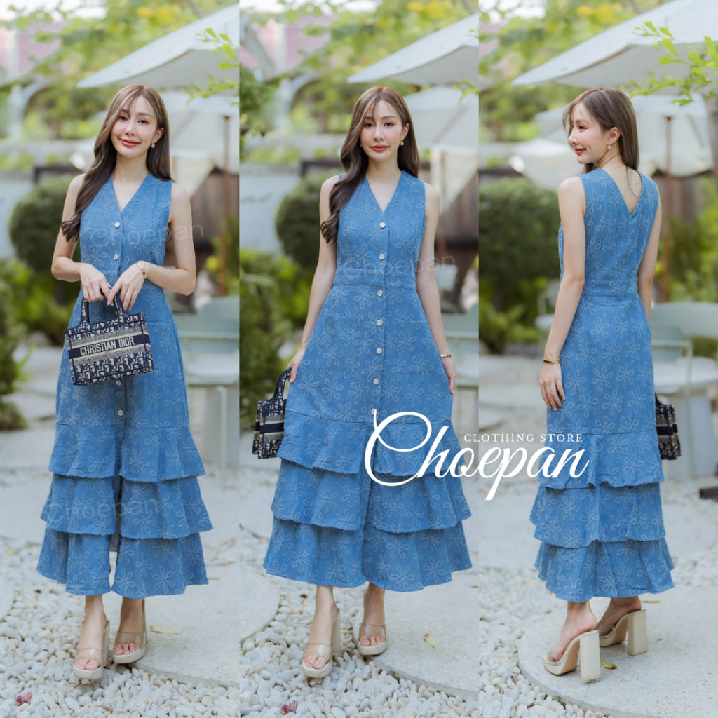 เดรสยีนส์ผ้าฟอกนุ่มมมม เนื้อผ้าสะกิดขาดลายดอกไม้ทั้งชุด Choepan Clothing Store