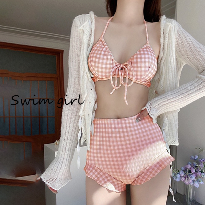 swim girlบิกินี่ เอวสูง ชุดว่ายน้ำผู้หญิง ทูพีช ผูกคอ ผูกหลัง รูปแบบกริด หลายสี#0193