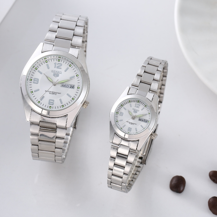 นาฬิกาผู้หญิงกันน้ํา SENKQ นาฬิกาผู้ชายปฏิทินคู่ สายสเตนเลส รุ่น 2202