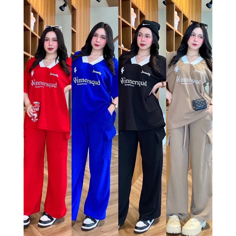 OT ชุดผ้ามูนเวฟ เสื้อแขนคอวีโอเวอร์ไซด์ สกีนลาย Winnersqud + กางเกงขายาวแต่งคาโก้ กระเป๋า 4 จุด