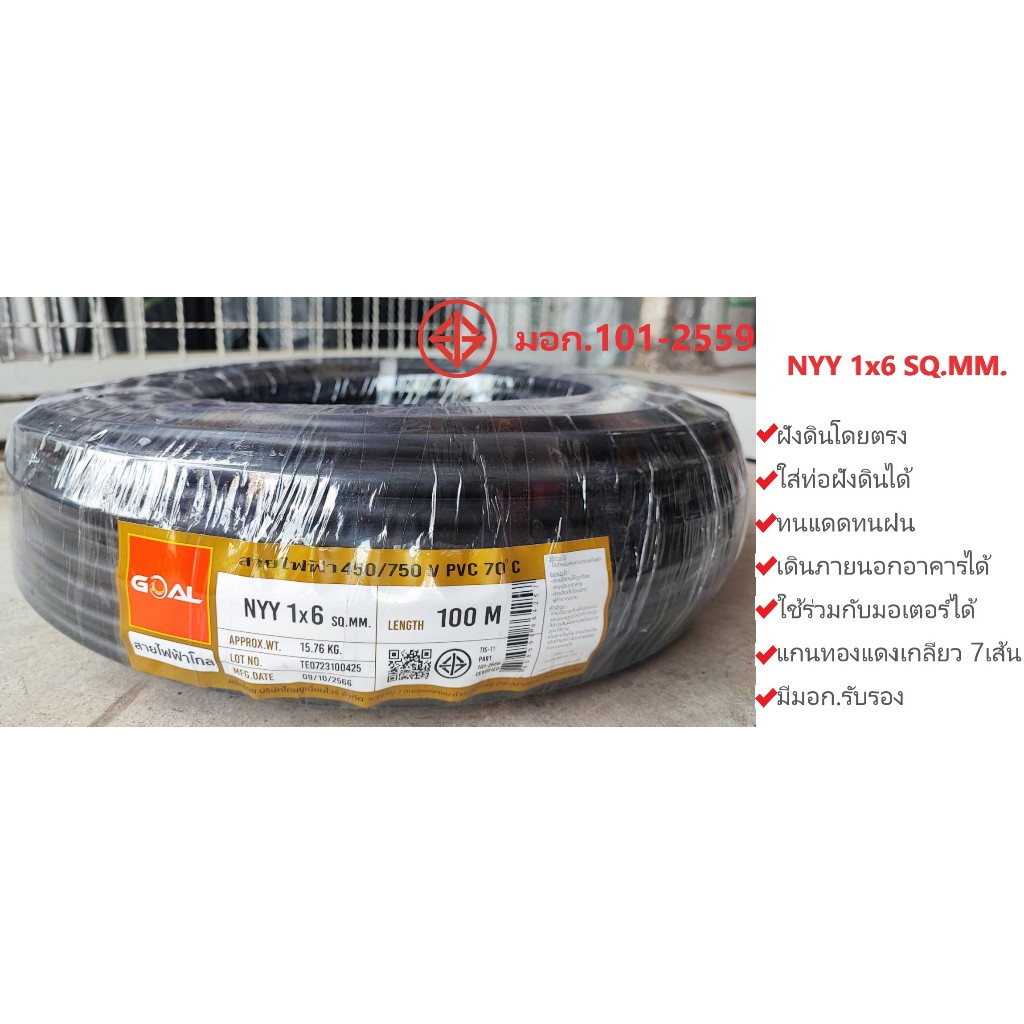 สายไฟทองแดง ฝังดิน สายไฟหุ้มฉนวน 3 ชั้น NYY 1x6 450/750V สายไฟเมน/หลัก มาตรฐานการไฟฟ้า ป้องกันความชี