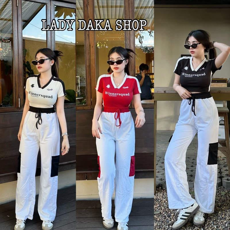 พร้อมส่ง🧡LADY DAKA SHOP🧡ชุดเซ็ต2ชิ้น winner เสื้อครอป กางเกงขายาว ทรงสปอร์ต มีกระเป๋าข้าง
