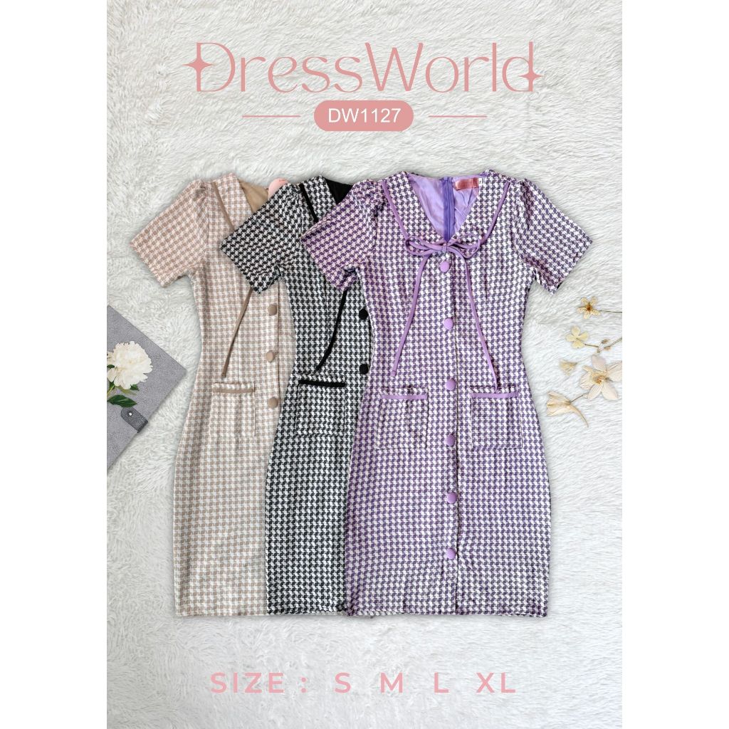 {S-XL} 1127 งานป้าย Dress World เดรสสั้นคอบัว ลายชิโนริ แต่งกระดุมหน้า กระเป๋าใช้งานได้จริง น่าร๊าก