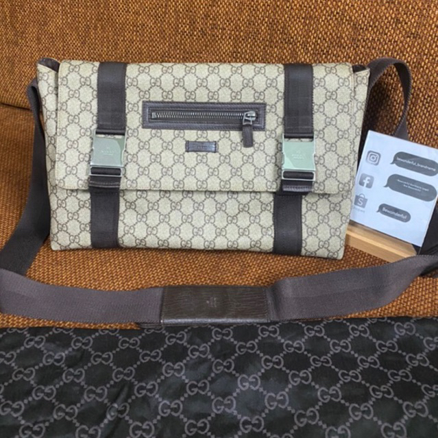 Gucci Messenger Buckle Bag GG Coated Canvas Large กุชชี่ ของแท้ มือสอง กระเป๋าแบรนด์เนม