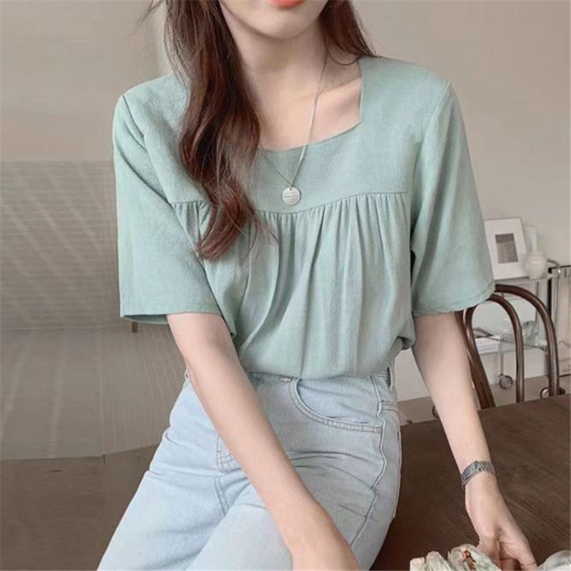 เสื้อยืดแขนสั้นผู้หญิง สีพื้น คอเหลี่ยม ผ้าลินิน สไตล์เกาหลี