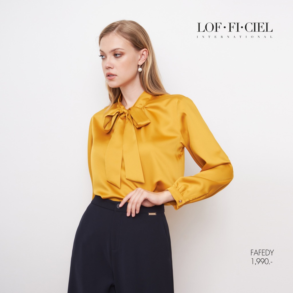 LOF-FI-CIEL Woman's blouse Silk Satin เสื้อผู้หญิง คอผูก แขนยาว ทรงหลวม สีดำ F9XWBL