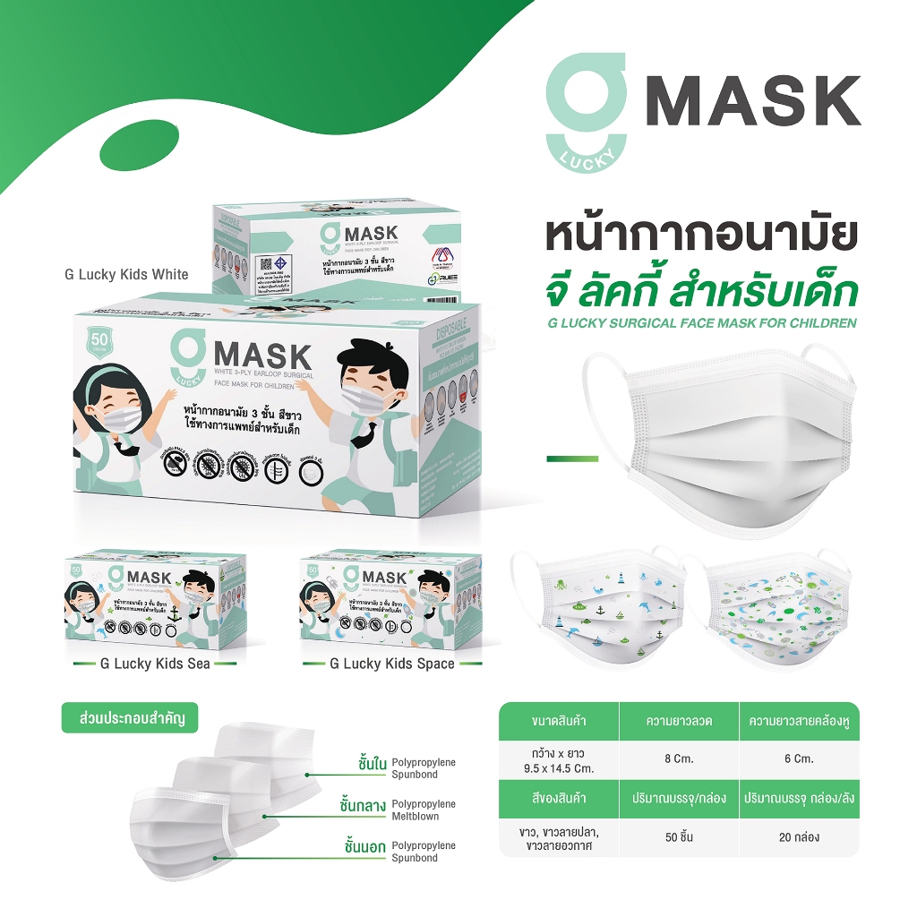 [KSG Official] G LUCKY KIDS Mask หน้ากากอนามัยสำหรับเด็ก Sugical Level 2 Face Mask 3-Layer (กล่อง บรรจุ 50 ชิ้น)