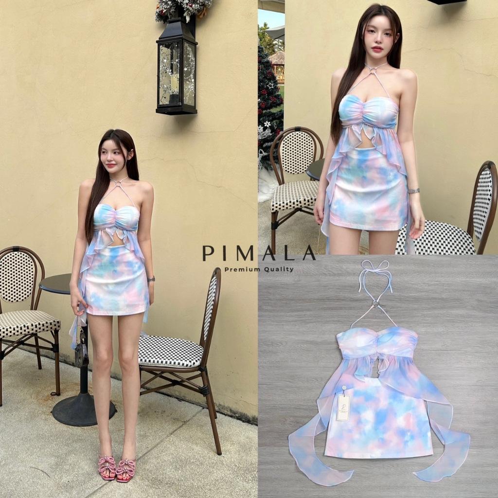 PML014 Size XS Pimala Brand Set 2 pcs เสื้อสายxโทนสีคัลเลอร์ฟูล + กระโปรงกางเกง